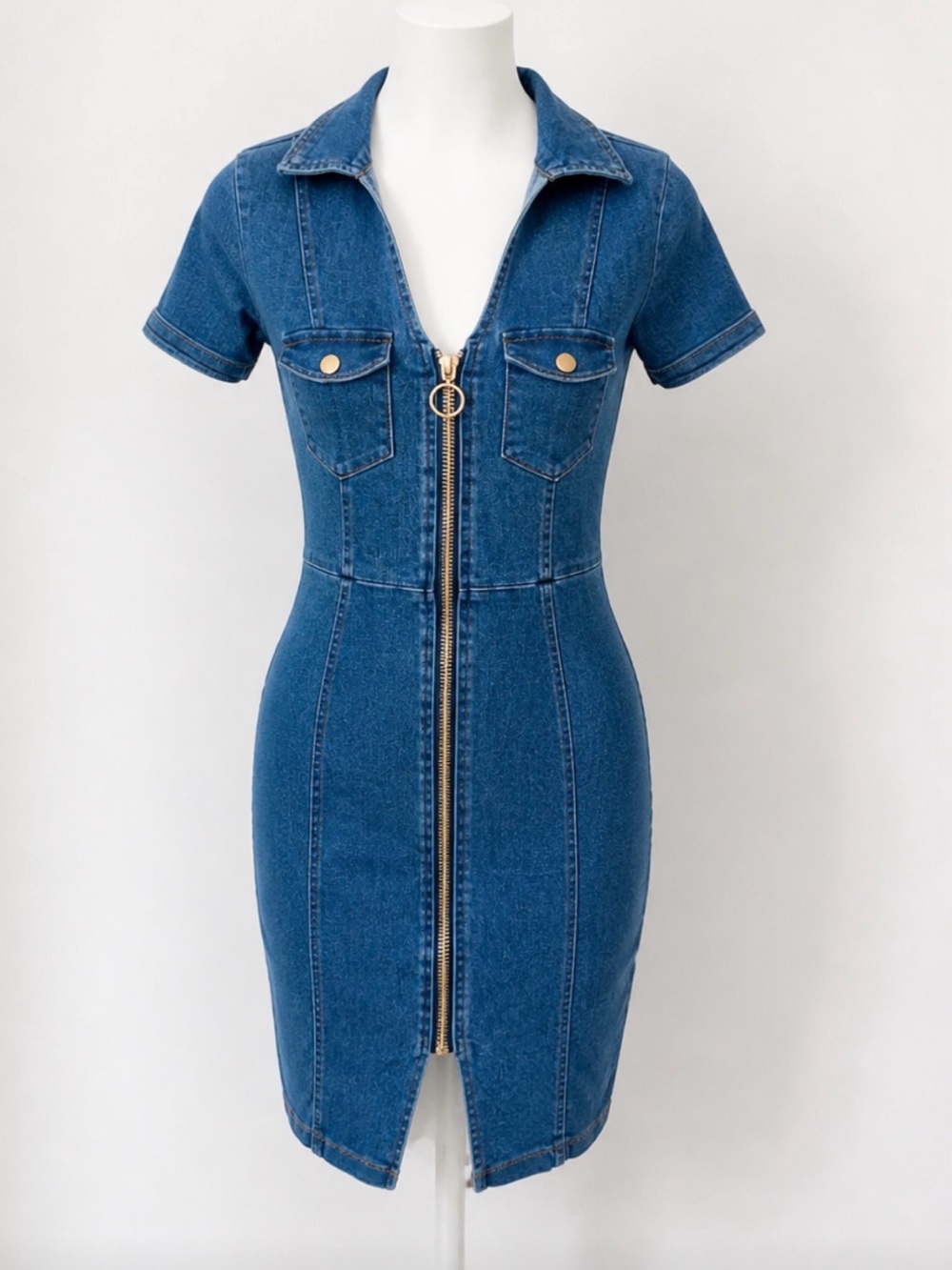 Haute Monde Blue Denim Zip-Front Shirt Dress